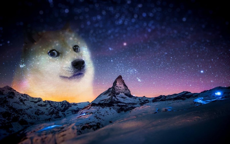 A starry sky and mountain landscape with a doge in the upper left corner